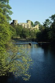 Looking downstream along the River Tees towards the ruins of Barnard Castle.